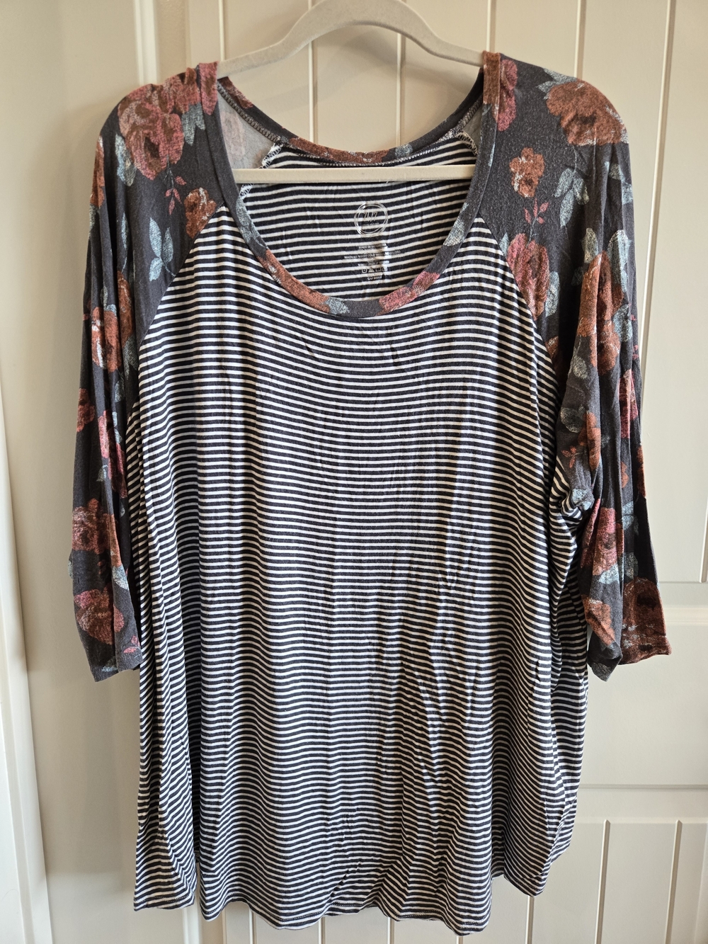 Maurices 24/7 Striped Raglan Long Sleeve Top with Floral Sleeves Size 3x